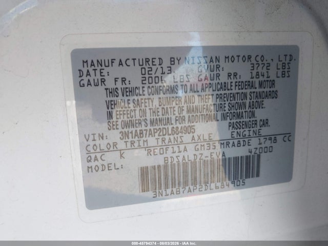 Продаж на аукціоні авто 2013 Nissan Sentra Sv, vin: 3N1AB7AP2DL684905, номер лоту: 45794374