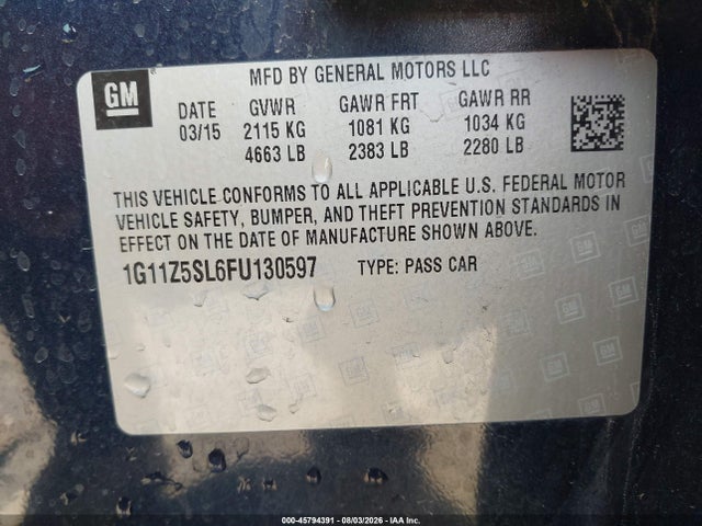 Chevrolet IMPALA LS 2015 1G11Z5SL6FU130597 Image 9