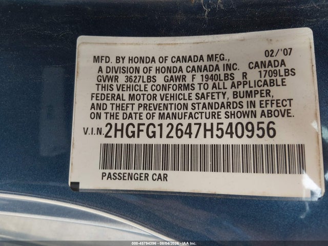Aukcja sprzedaży 2007 Honda Civic Lx, vin: 2HGFG12647H540956, numer aukcji: 45794396