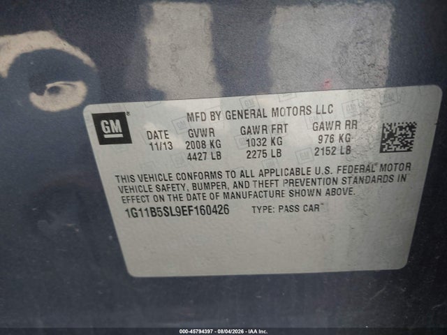 45794397 :رقم المزاد ، 1G11B5SL9EF160426 vin ، 2014 Chevrolet Malibu 1ls مزاد بيع
