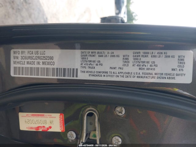 Продаж на аукціоні авто 2024 Ram 2500 Tradesman  4x4 6'4 Box, vin: 3C6UR5CJ2RG252390, номер лоту: 45794409