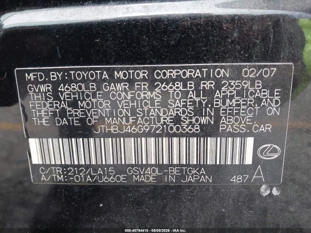 45794410 :رقم المزاد ، JTHBJ46G972100368 vin ، 2007 Lexus Es 350 مزاد بيع