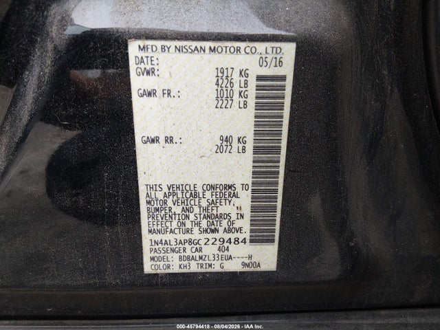 Продажа на аукционе авто 2016 Nissan Altima 2.5 Sv, vin: 1N4AL3AP8GC229484, номер лота: 45794418