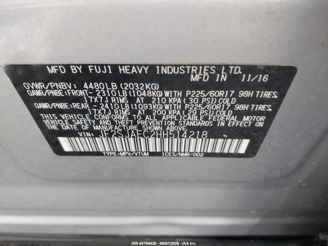 Aukcja sprzedaży 2017 Subaru Forester 2.5i Premium, vin: JF2SJAEC2HH514218, numer aukcji: 45794426