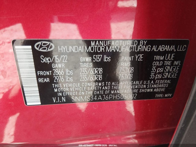 2023 Hyundai Santa Fe Sel მანქანა იყიდება აუქციონზე, vin: 5NMS34AJ6PH505002, აუქციონის ნომერი: 45794427