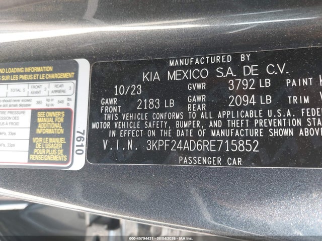2024 Kia Forte Lxs მანქანა იყიდება აუქციონზე, vin: 3KPF24AD6RE715852, აუქციონის ნომერი: 45794431