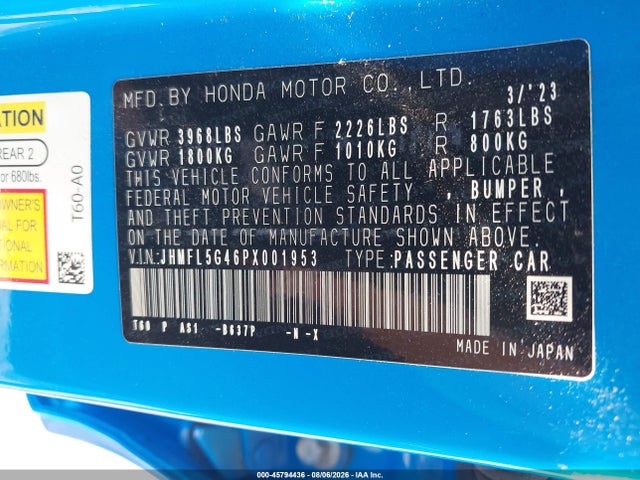 Продажа на аукционе авто 2023 Honda Civic Type R Touring, vin: JHMFL5G46PX001953, номер лота: 45794436