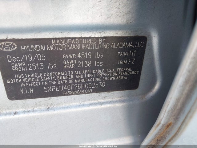 45794437 :رقم المزاد ، 5NPEU46F26H092530 vin ، 2006 Hyundai Sonata Gls V6/lx V6 مزاد بيع