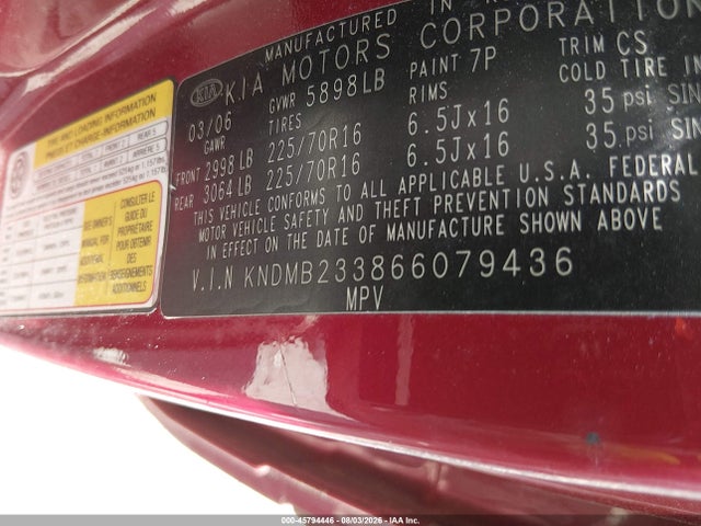 Продажа на аукционе авто 2006 Kia Sedona Ex/lx, vin: KNDMB233866079436, номер лота: 45794446