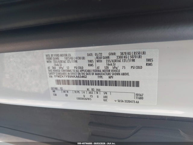 Продаж на аукціоні авто 2022 Ford Transit-150 Passenger Van Xl, vin: 1FMZK1Y89NKA63462, номер лоту: 45794466