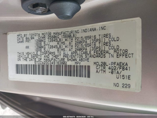 Продаж на аукціоні авто 2004 Toyota Sienna Le, vin: 5TDZA23C34S163802, номер лоту: 45794479