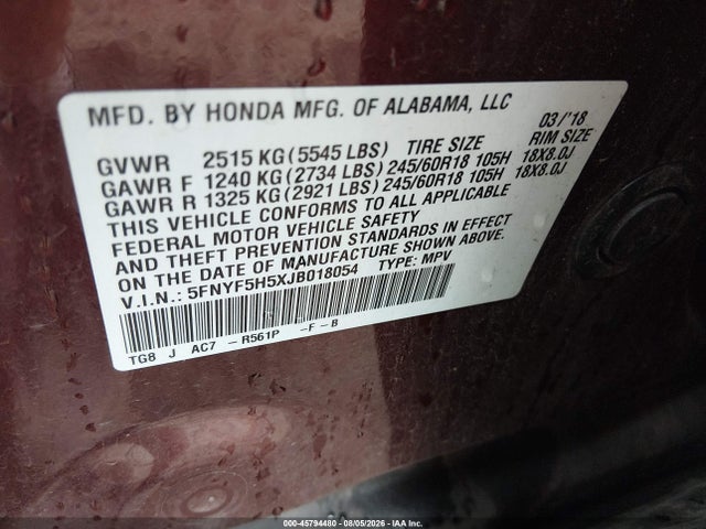 Продаж на аукціоні авто 2018 Honda Pilot Ex-l, vin: 5FNYF5H5XJB018054, номер лоту: 45794480