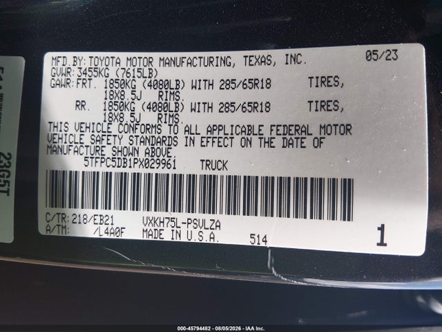 45794482 :رقم المزاد ، 5TFPC5DB1PX029961 vin ، 2023 Toyota Tundra Hybrid Trd Pro مزاد بيع