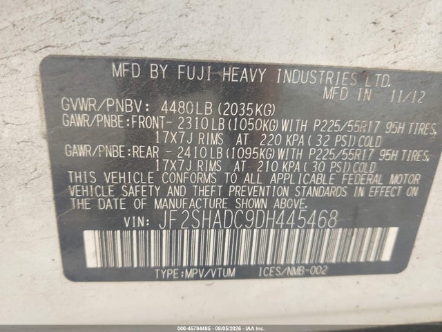Aukcja sprzedaży 2013 Subaru Forester 2.5x Premium, vin: JF2SHADC9DH445468, numer aukcji: 45794485