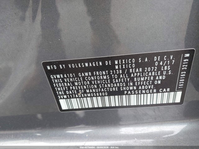 45794494 :رقم المزاد ، 3VW117AUXHM058800 vin ، 2017 Volkswagen Golf Tsi S 4-door/tsi Wolfsburg Edition 4-door مزاد بيع