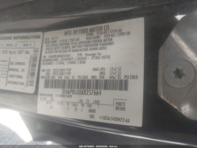 2019 Ford Fusion Hybrid Se მანქანა იყიდება აუქციონზე, vin: 3FA6P0LUXKR257664, აუქციონის ნომერი: 45794505