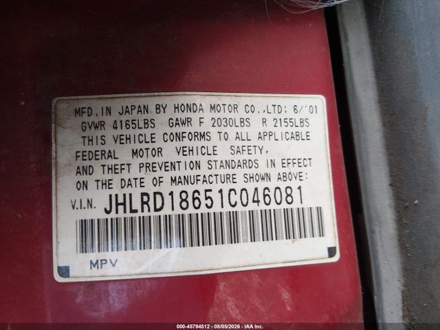 Продаж на аукціоні авто 2001 Honda Cr-v Ex, vin: JHLRD18651C046081, номер лоту: 45794512