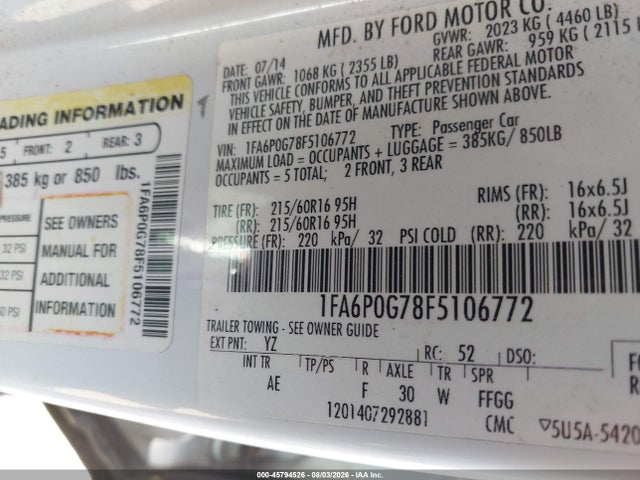 Ford FUSION S 2015 1FA6P0G78F5106772 Image 9