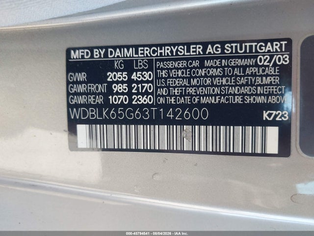 2003 Mercedes-benz Clk 320 მანქანა იყიდება აუქციონზე, vin: WDBLK65G63T142600, აუქციონის ნომერი: 45794541