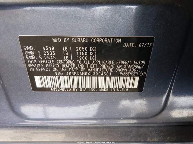 45794542 :رقم المزاد ، 4S3BNAH6XJ3004601 vin ، 2018 Subaru Legacy 2.5i Premium مزاد بيع