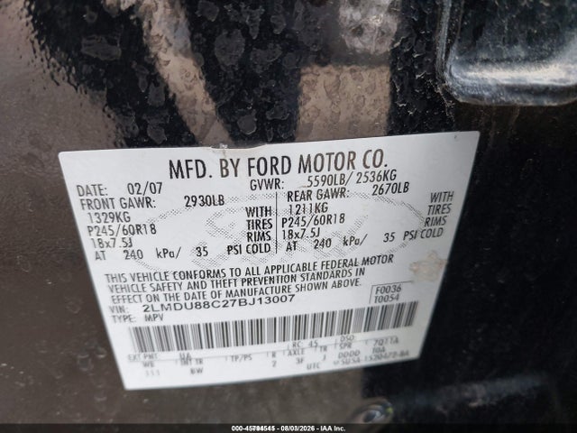 45794545 :رقم المزاد ، 2LMDU88C27BJ13007 vin ، 2007 Lincoln Mkx مزاد بيع