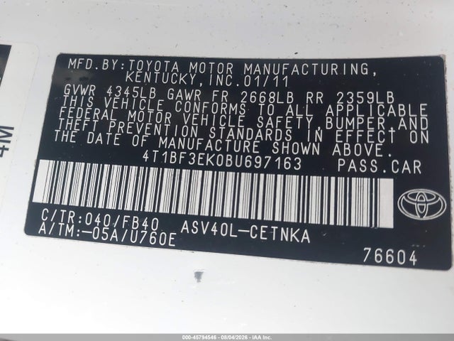 45794546 :رقم المزاد ، 4T1BF3EK0BU697163 vin ، 2011 Toyota Camry Le مزاد بيع