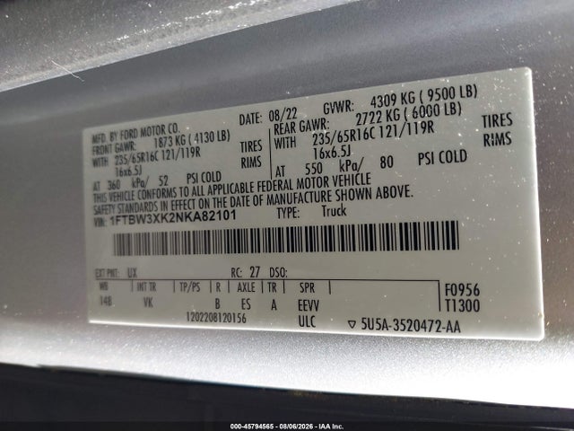 45794565 :رقم المزاد ، 1FTBW3XK2NKA82101 vin ، 2022 Ford E-transit-350 Cargo Van مزاد بيع