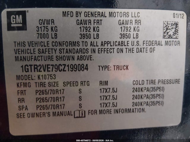 Продажа на аукционе авто 2012 Gmc Sierra 1500 Sle, vin: 1GTR2VE79CZ199084, номер лота: 45794572