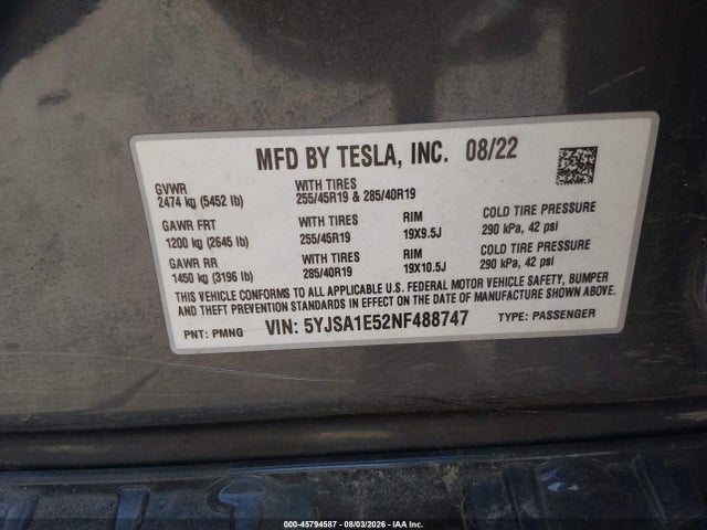 Aukcja sprzedaży 2022 Tesla Model S Dual Motor All-wheel Drive, vin: 5YJSA1E52NF488747, numer aukcji: 45794587