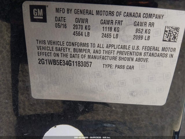 Aukcja sprzedaży 2016 Chevrolet Impala Limited Lt, vin: 2G1WB5E34G1183057, numer aukcji: 45794588