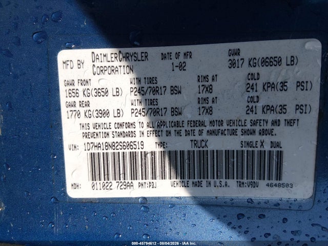Aukcja sprzedaży 2002 Dodge Ram 1500 St, vin: 1D7HA18N82S606519, numer aukcji: 45794612