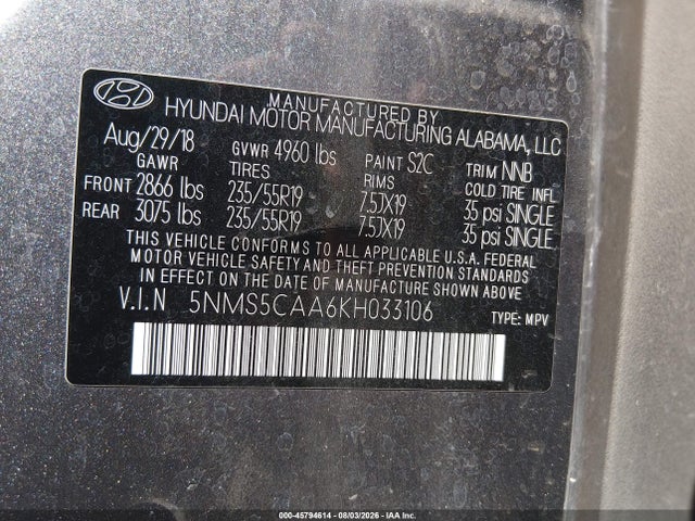 Hyundai Santa Fe Limited 2.0t 2019 5NMS5CAA6KH033106 Image 9