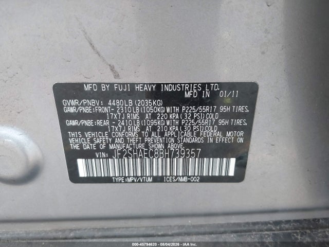 Продажа на аукционе авто 2011 Subaru Forester 2.5x Limited, vin: JF2SHAEC8BH739357, номер лота: 45794620