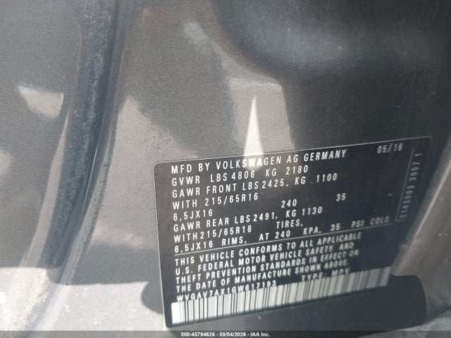 2016 Volkswagen Tiguan S მანქანა იყიდება აუქციონზე, vin: WVGAV7AX1GW617193, აუქციონის ნომერი: 45794626