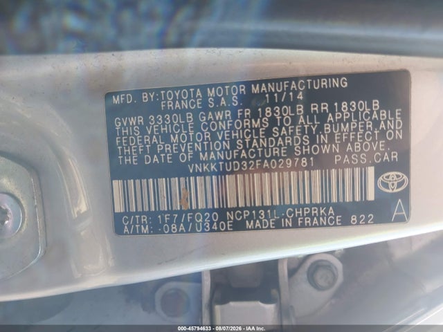 45794633 :رقم المزاد ، VNKKTUD32FA029781 vin ، 2015 Toyota Yaris L مزاد بيع