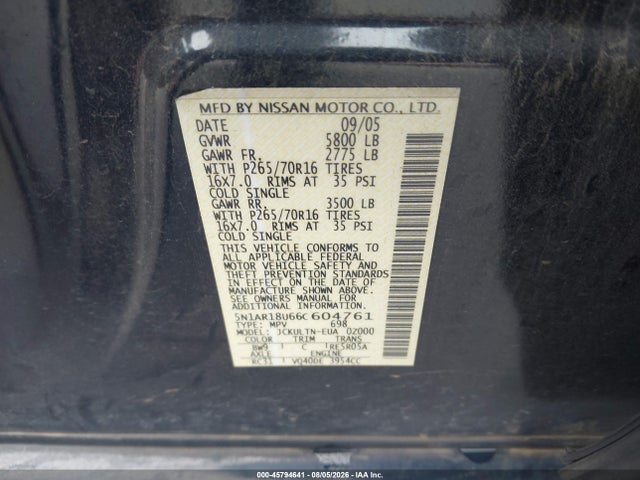 2006 Nissan Pathfinder Se მანქანა იყიდება აუქციონზე, vin: 5N1AR18U66C604761, აუქციონის ნომერი: 45794641