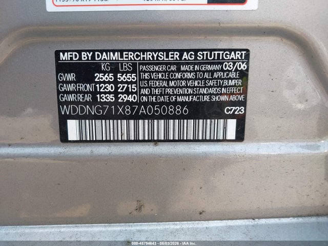 45794643 :رقم المزاد ، WDDNG71X87A050886 vin ، 2007 Mercedes-benz S 550 مزاد بيع