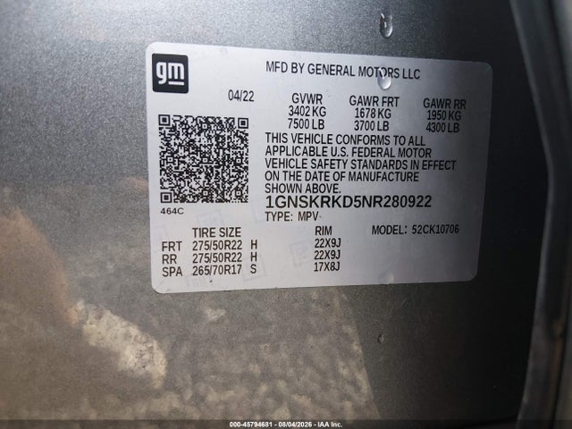 45794681 :رقم المزاد ، 1GNSKRKD5NR280922 vin ، 2022 Chevrolet Tahoe 4wd Rst مزاد بيع