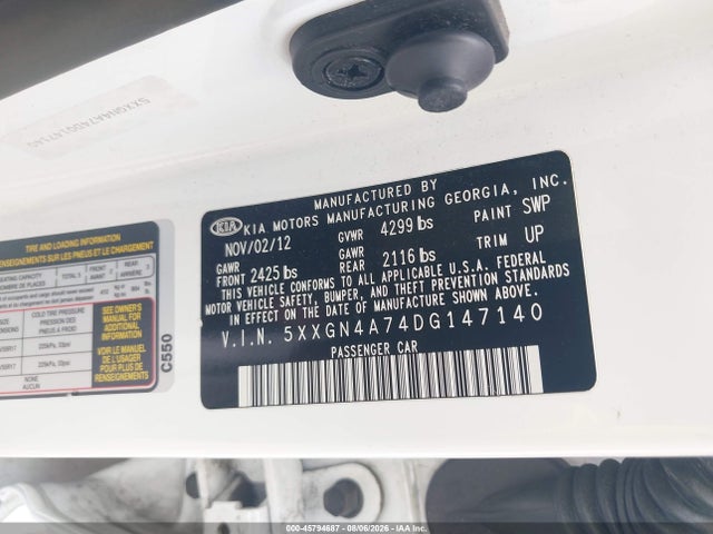 Продаж на аукціоні авто 2013 Kia Optima Ex, vin: 5XXGN4A74DG147140, номер лоту: 45794687