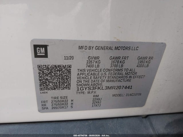 2021 Cadillac Escalade 2wd Sport მანქანა იყიდება აუქციონზე, vin: 1GYS3FKL3MR207441, აუქციონის ნომერი: 45794706