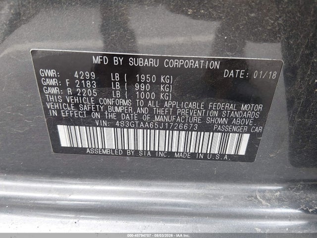 2018 Subaru Impreza 2.0i მანქანა იყიდება აუქციონზე, vin: 4S3GTAA65J1726673, აუქციონის ნომერი: 45794707