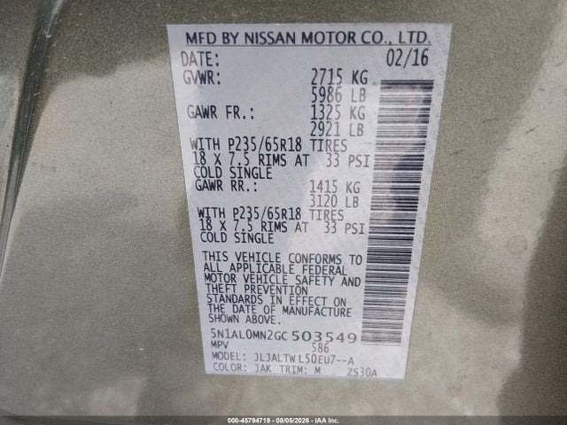 2016 Infiniti Qx60 მანქანა იყიდება აუქციონზე, vin: 5N1AL0MN2GC503549, აუქციონის ნომერი: 45794719