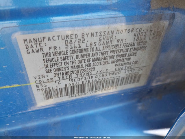3N1AB8CV0NY288820 Nissan Sentra Sv Xtronic Cvt