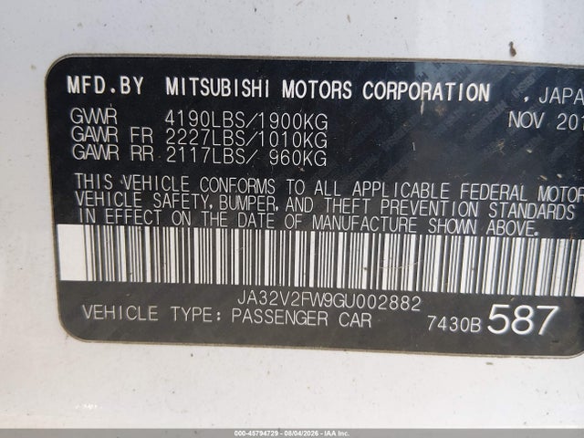 2016 Mitsubishi Lancer Es/se/sel მანქანა იყიდება აუქციონზე, vin: JA32V2FW9GU002882, აუქციონის ნომერი: 45794729
