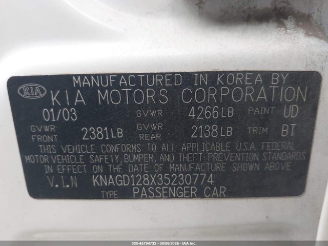 Продажа на аукционе авто 2003 Kia Optima Lx V6/se V6, vin: KNAGD128X35230774, номер лота: 45794732