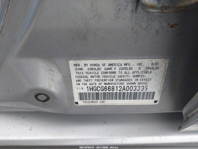 Aukcja sprzedaży 2002 Honda Accord 2.3 Ex/2.3 Se, vin: 1HGCG66812A003335, numer aukcji: 45794737