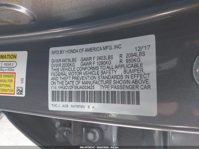 1HGCV2F59JA003425 Honda Accord Ex-l 2.0t