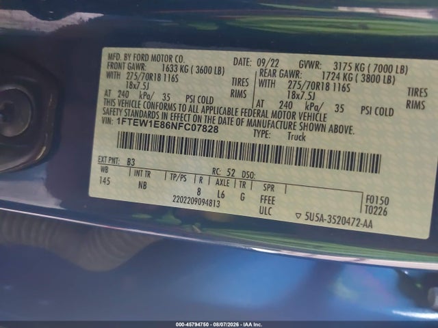 Aukcja sprzedaży 2022 Ford F-150 Tremor, vin: 1FTEW1E86NFC07828, numer aukcji: 45794750