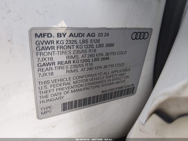 Aukcja sprzedaży 2024 Audi Q3 Premium 45 Tfsi S Line Quattro Tiptronic, vin: WA1DECF39R1124176, numer aukcji: 45794755
