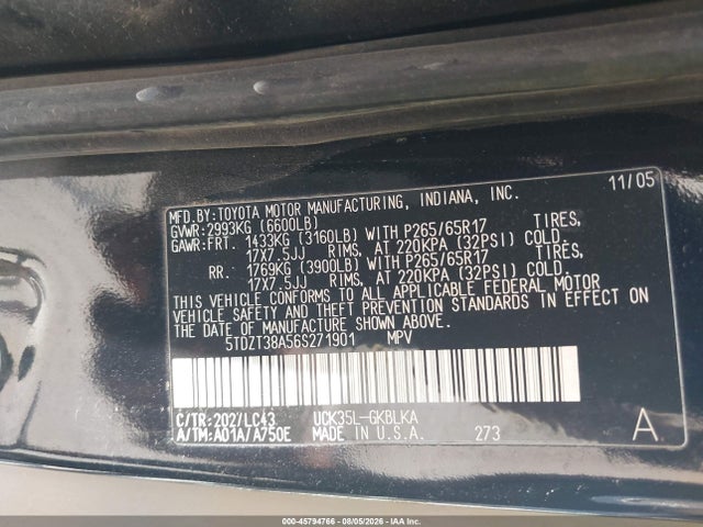 2006 Toyota Sequoia Limited V8 მანქანა იყიდება აუქციონზე, vin: 5TDZT38A56S271901, აუქციონის ნომერი: 45794766